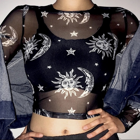Black mesh sun moon & stars sheer crop top - Picture 5 of 15